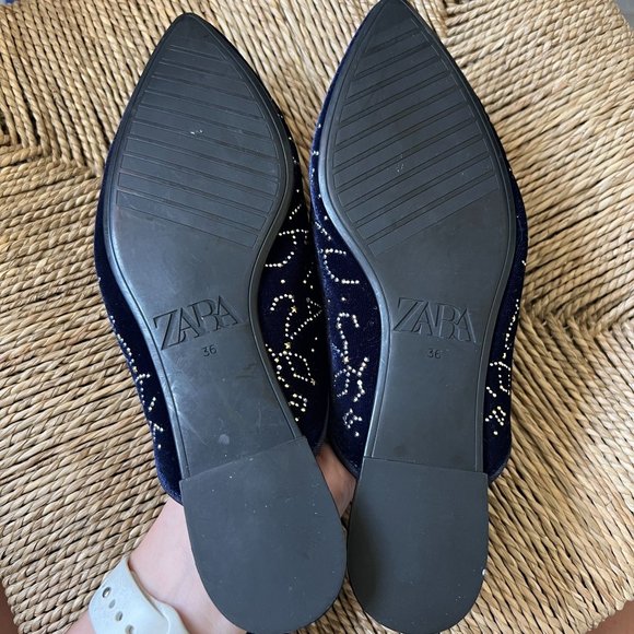 Zara Constellation Galaxy Rhinestone Blue Velvet Smoking Loafer Mules Shoes Flat - Picture 5 of 5